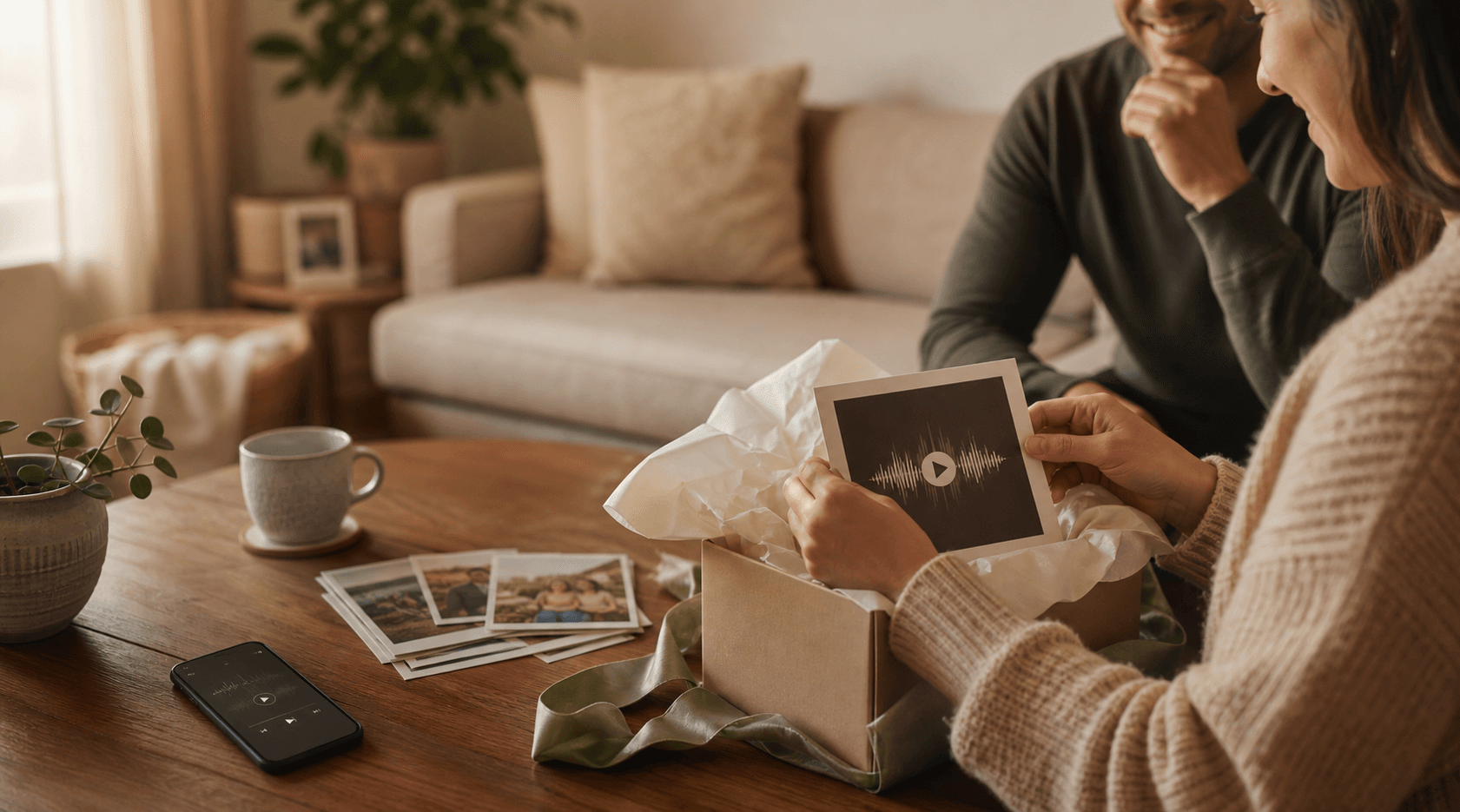 A thoughtful custom song gift being opened at home